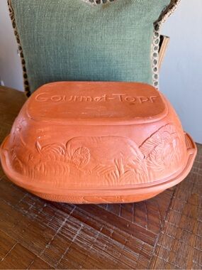 Vintage Gourmet Topf Terracotta Cooker Dutch Oven Embossed Barnyard Animals